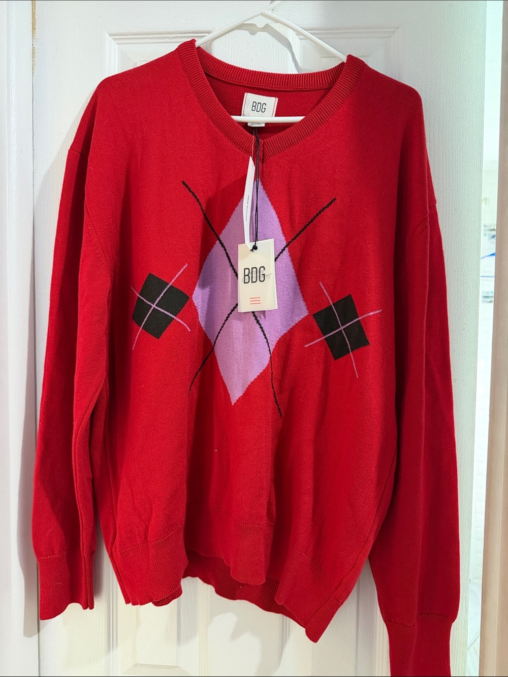 BDG Red Crewneck Sweater with Lavender Argyle
